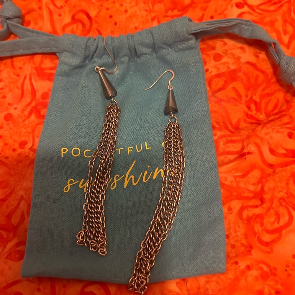 Alex and Ani, long silver chain earrings.  EUC